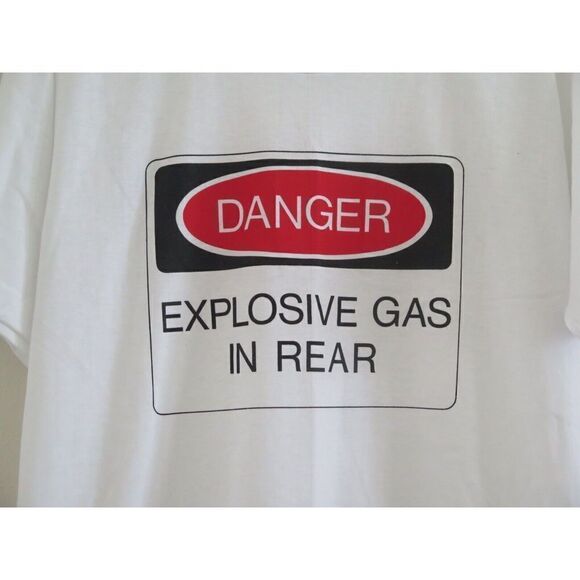 Screen Stars Best Men's Sz L White "Danger, Explosive Gas In Rear" T-Shirt - Picture 3 of 3